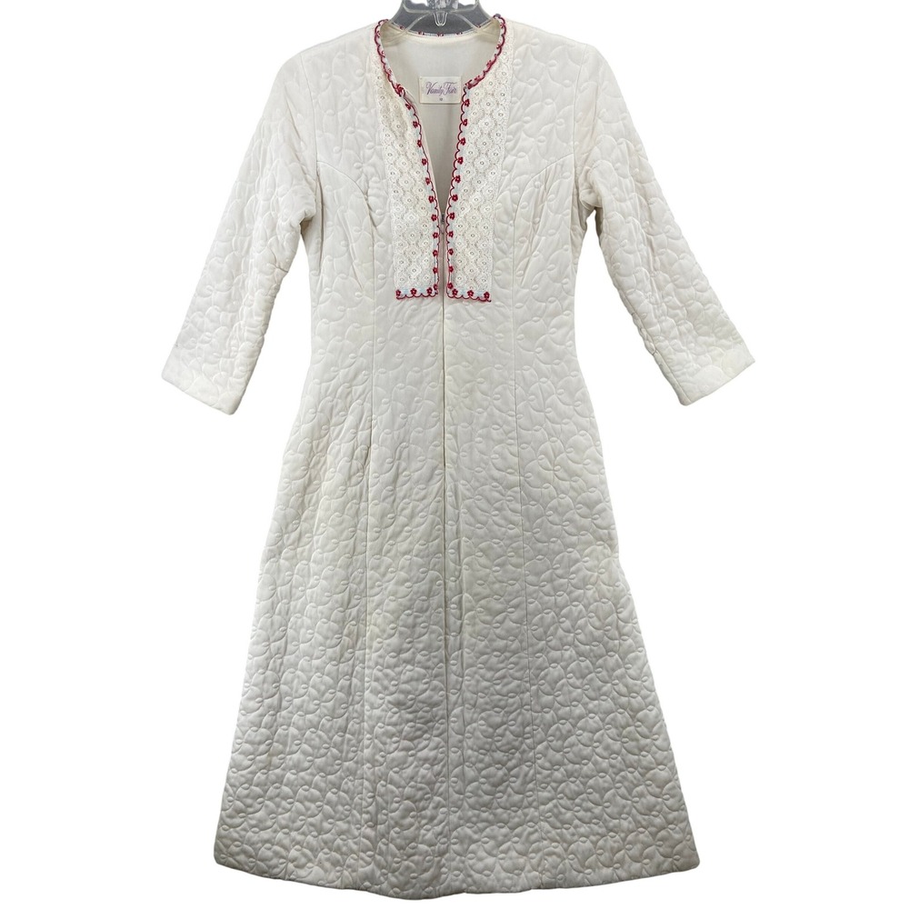 1970's Vanity Fair Quilted Robe Duster Sz 12 Cream Lace‎ Trim Floral Embroidery